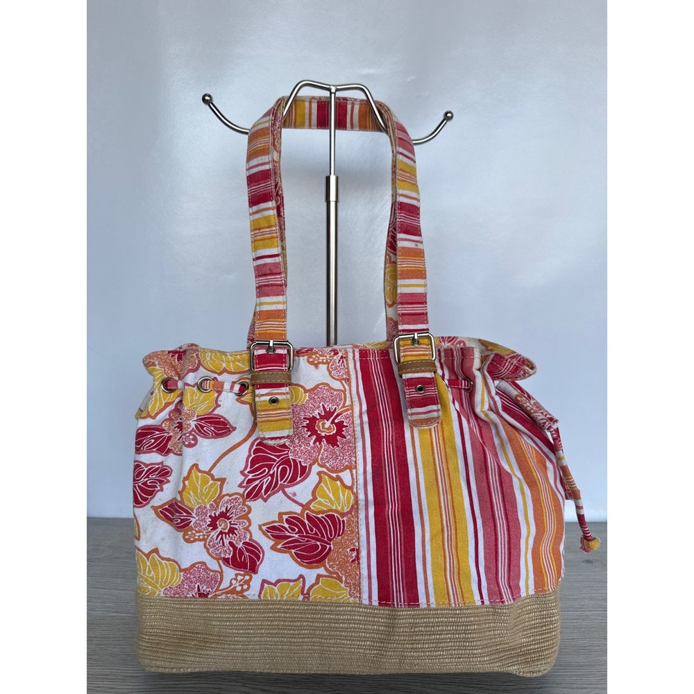 Y2K Tote Bag Floral Hibiscus Red Yellow Canvas Straw Tropical  Med drawstring
